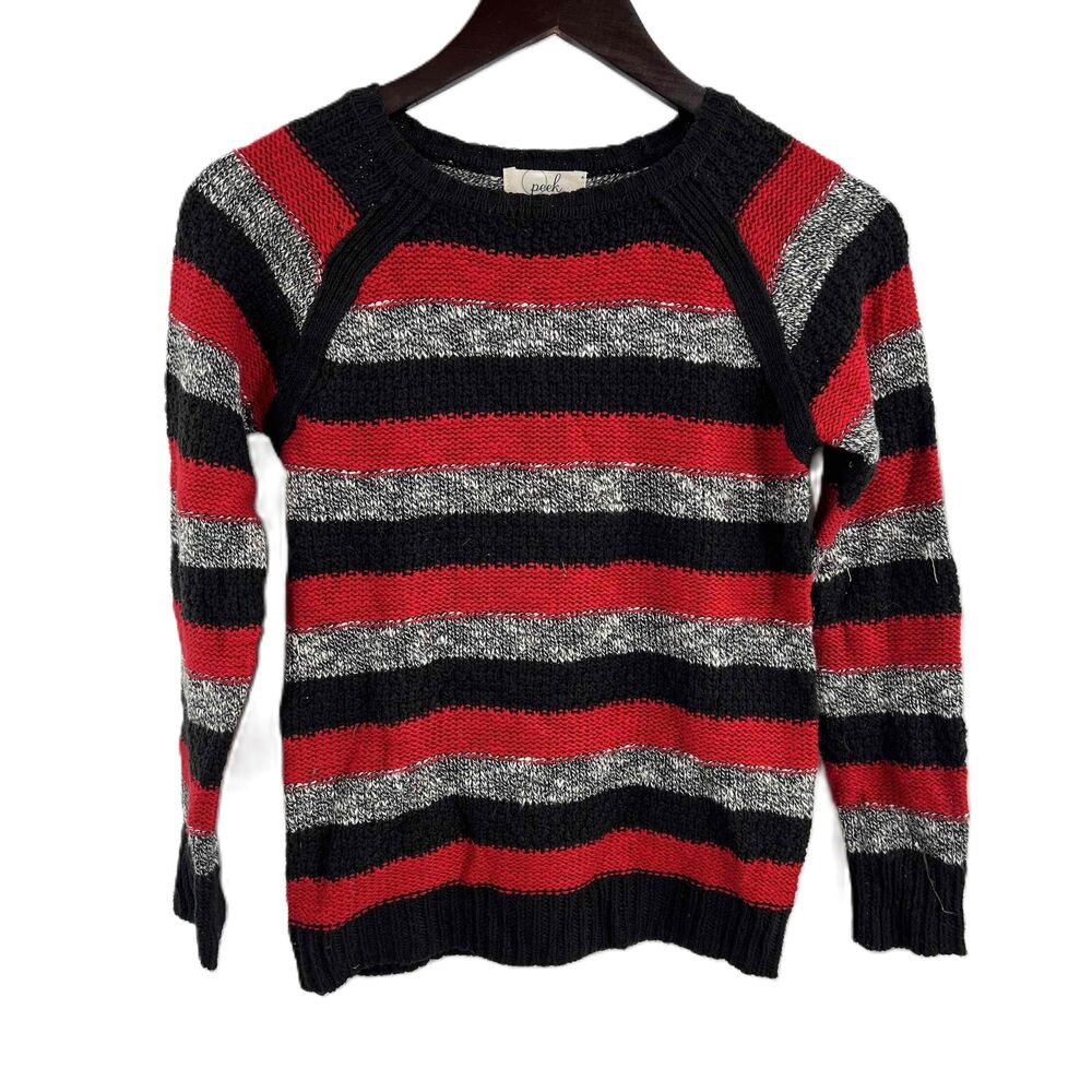 Peek Red Black Striped Multi Texture Cotton Acrylic Blend Sweater Kids Size 12